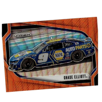 2025 panini prizm chase elliott orange wave card featuring blue and yellow napa auto parts nascar car with glossy finish