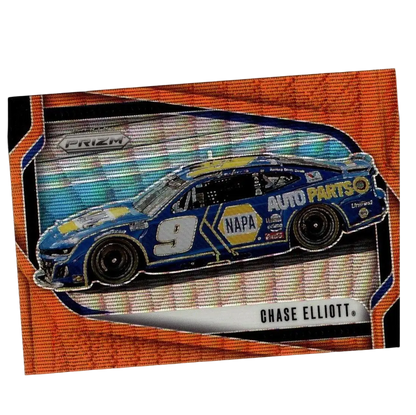 2025 panini prizm chase elliott orange wave card featuring blue and yellow napa auto parts nascar car with glossy finish