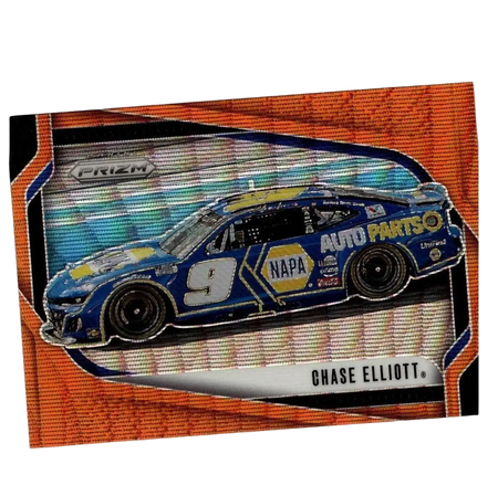 2025 panini prizm chase elliott orange wave card featuring blue and yellow napa auto parts nascar car with glossy finish