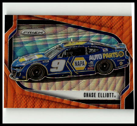 2025 panini prizm chase elliott orange wave race card featuring a blue and yellow nascar car with napa and auto parts logos