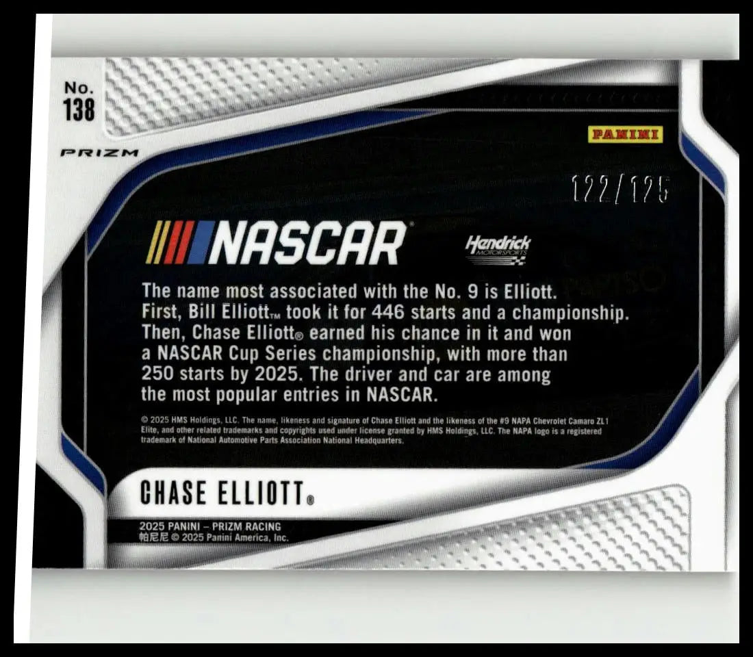 Black and silver chase elliott trading card with prizm finish and limited edition elliott orange wave numbering