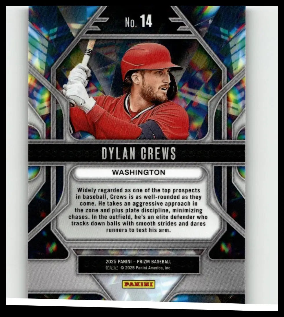 Red helmeted baseball player dylan crews in a red uniform on a silver iridescent 2025 panini prizm dylan crews prizmatic card