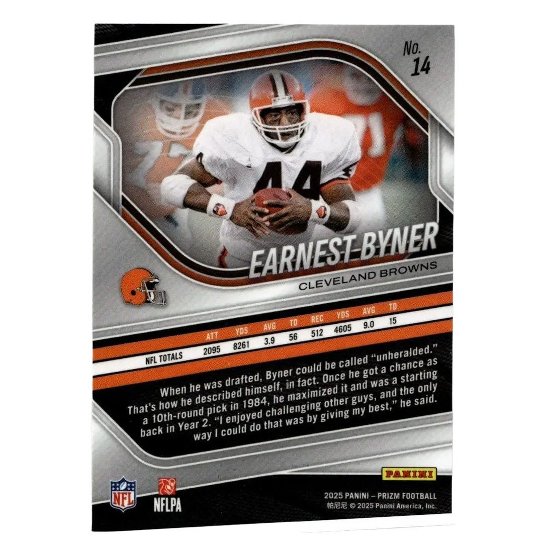 Silver and orange football trading card featuring earnest byner in cleveland browns uniform from 2025 panini prizm series
