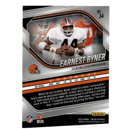 Silver and orange football trading card featuring earnest byner in cleveland browns uniform from 2025 panini prizm series