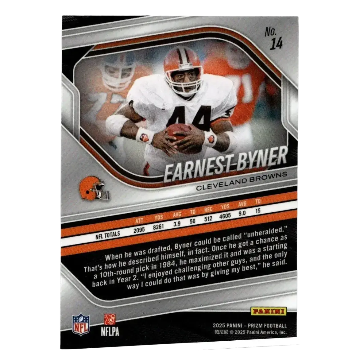 Silver and orange 2025 panini prizm football trading card featuring earnest byner in cleveland browns uniform