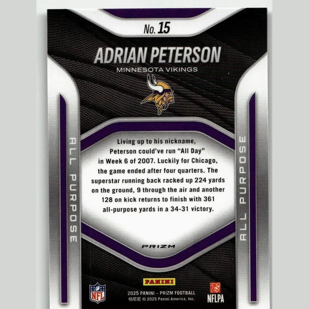 Purple and silver 2025 Panini Prizm football trading card featuring Adrian Peterson All Purpose Prizms of the Vikings