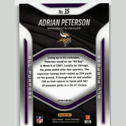Purple and silver 2025 Panini Prizm football trading card featuring Adrian Peterson All Purpose Prizms of the Vikings