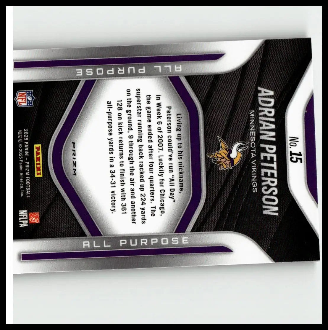 Black and purple 2025 panini prizm #15 adrian peterson all purpose prizms nfl trading card with silver accents and textured design