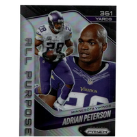 Purple and white Minnesota Vikings football trading card featuring Adrian Peterson 2025 Panini Prizm All Purpose Prizms
