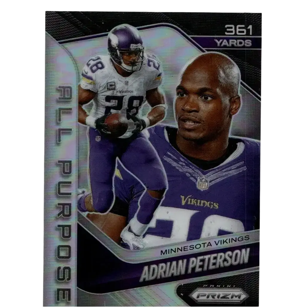 Purple and white Minnesota Vikings football trading card featuring Adrian Peterson 2025 Panini Prizm All Purpose Prizms