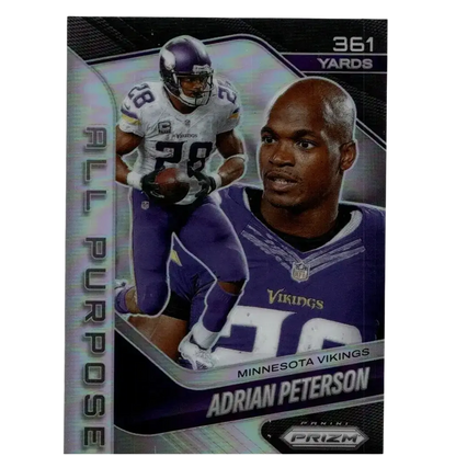 Purple and white Minnesota Vikings football trading card featuring Adrian Peterson 2025 Panini Prizm All Purpose Prizms