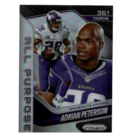 Purple and white Minnesota Vikings football trading card featuring Adrian Peterson 2025 Panini Prizm All Purpose Prizms