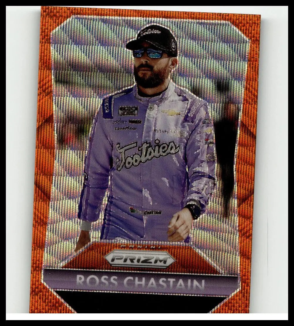 2025 panini prizm #151 ross chastain orange wave trading card featuring ross chastain in purple silver racing suit