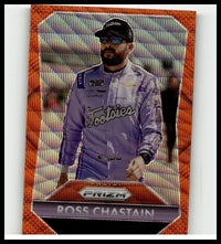 2025 panini prizm #151 ross chastain orange wave trading card featuring ross chastain in purple silver racing suit