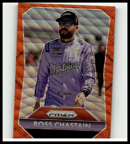 2025 panini prizm #151 ross chastain orange wave trading card featuring ross chastain in purple silver racing suit