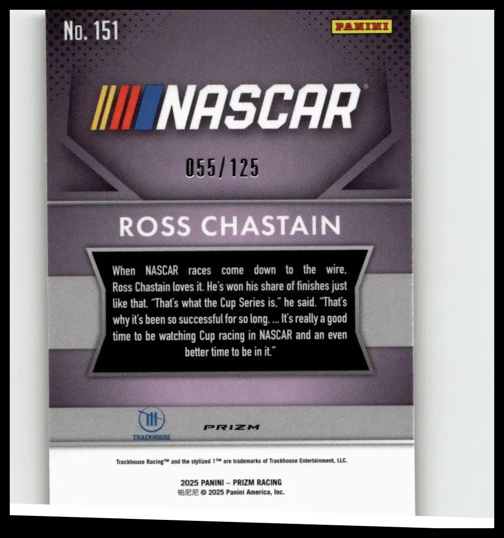 Nascar trading card featuring ross chastain orange wave with purple and silver design numbered 055/125 from 2025 panini prizm