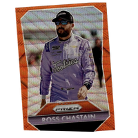 2025 panini prizm #151 ross chastain orange wave trading card showing him in a purple racing suit with footies logo