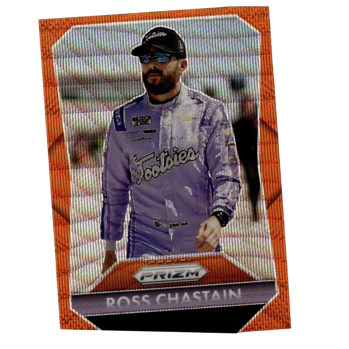 2025 panini prizm #151 ross chastain orange wave trading card showing him in a purple racing suit with footies logo