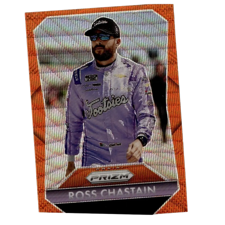 2025 panini prizm #151 ross chastain orange wave trading card showing him in a purple racing suit with footies logo