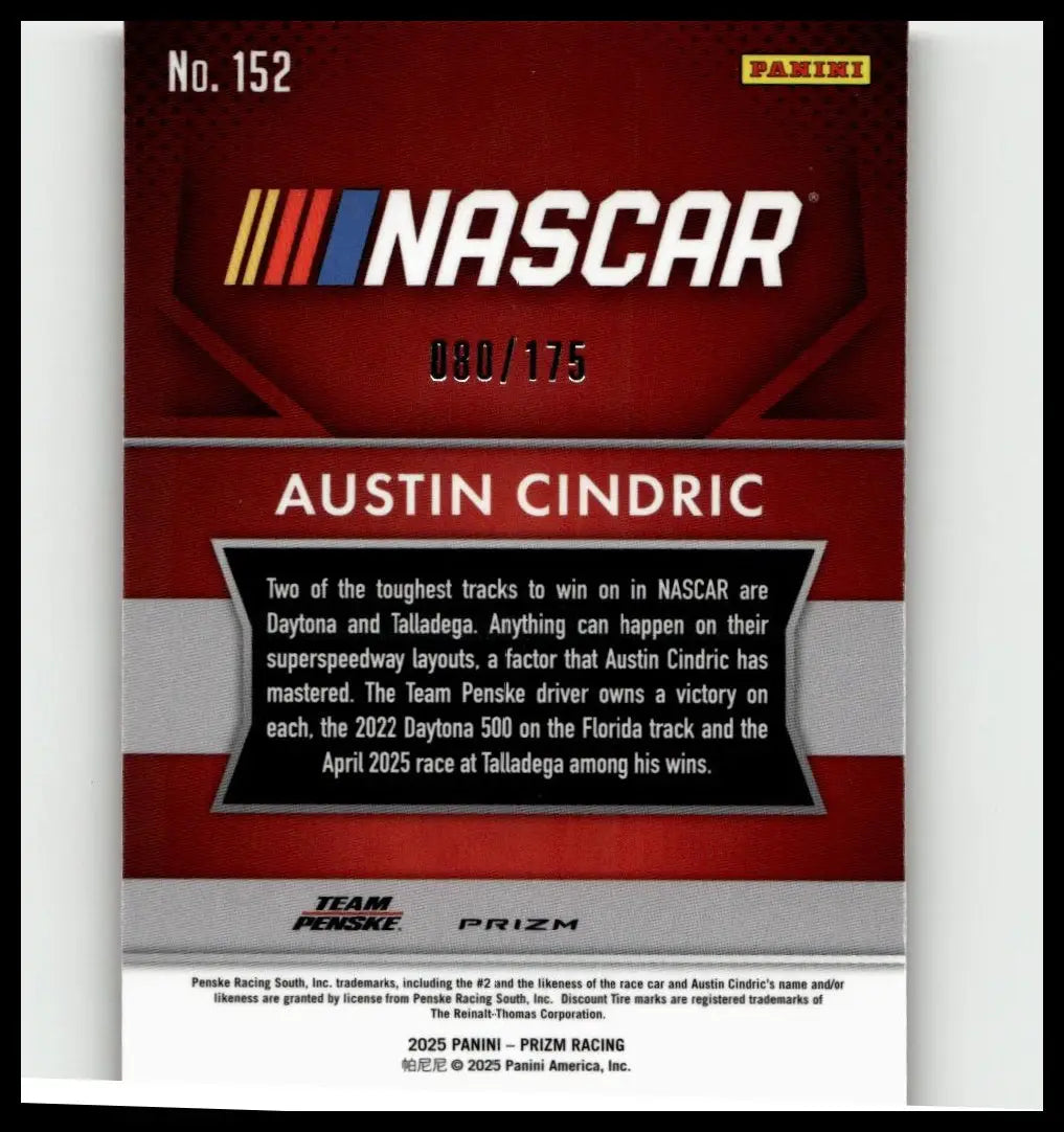 Red and silver nascar trading card featuring austin cindric red power numbered 080 of 175 from 2025 panini prizm series