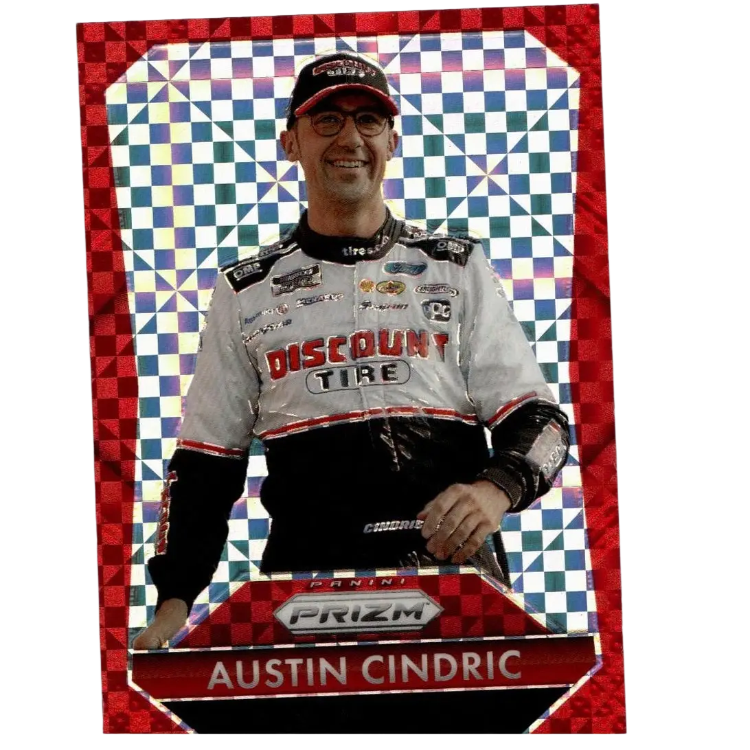 Austin cindric red panini prizm 2025 holographic trading card with red border and cindric red power branding