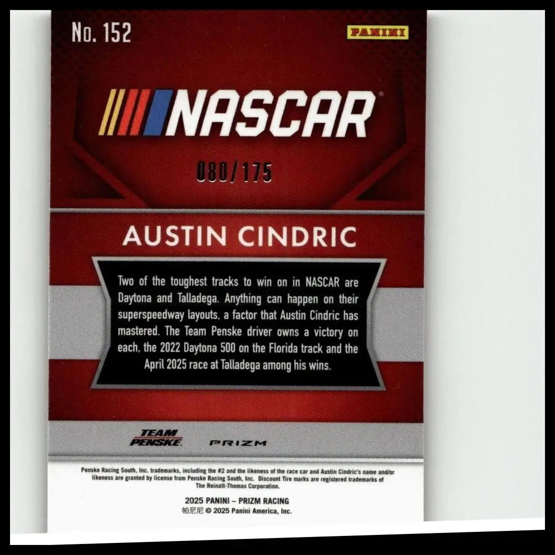 Red and black nascar panini prizm trading card featuring austin cindric red power numbered 080 of 175