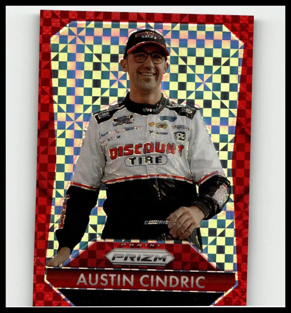 A red and silver holographic 2025 panini prizm #152 trading card featuring nascar driver austin cindric in discount tire suit