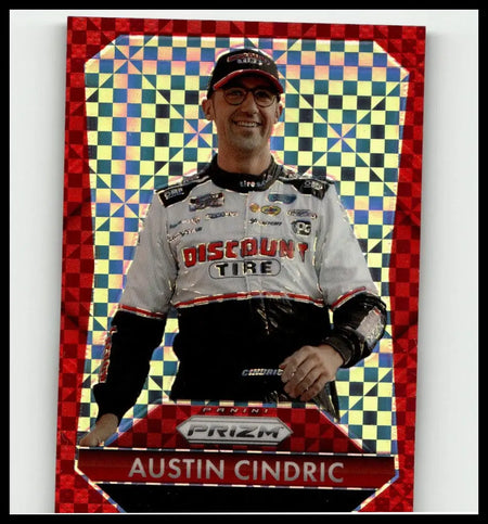 A red and silver holographic 2025 panini prizm #152 trading card featuring nascar driver austin cindric in discount tire suit
