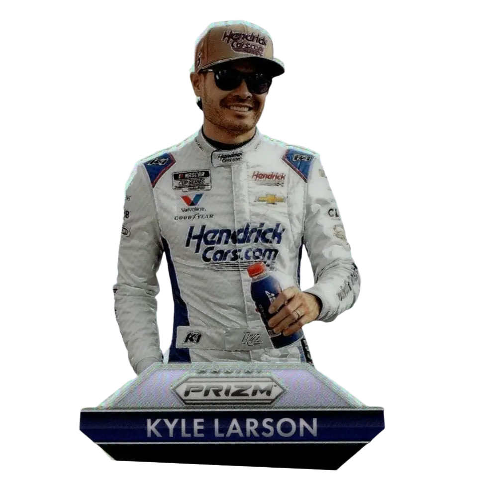 Kyle larson silver 2025 panini prizm card featuring his white and blue racing suit with sponsor logos