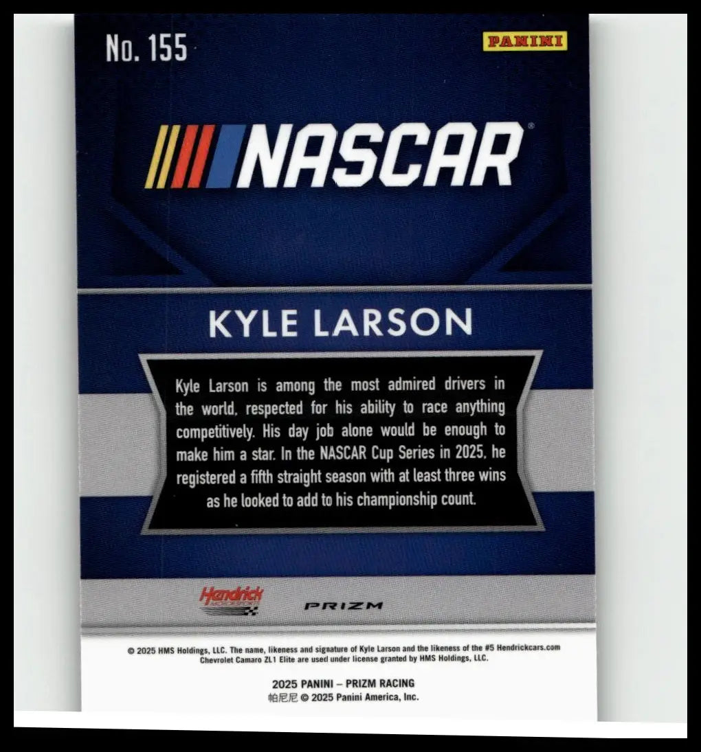 Nascar trading card featuring kyle larson silver with blue and silver design branded by panini prizm 2025 edition