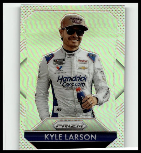 White and blue racing suit with sponsor logos worn by Kyle Larson featured in 2025 Panini Prizm Kyle Larson Silver card