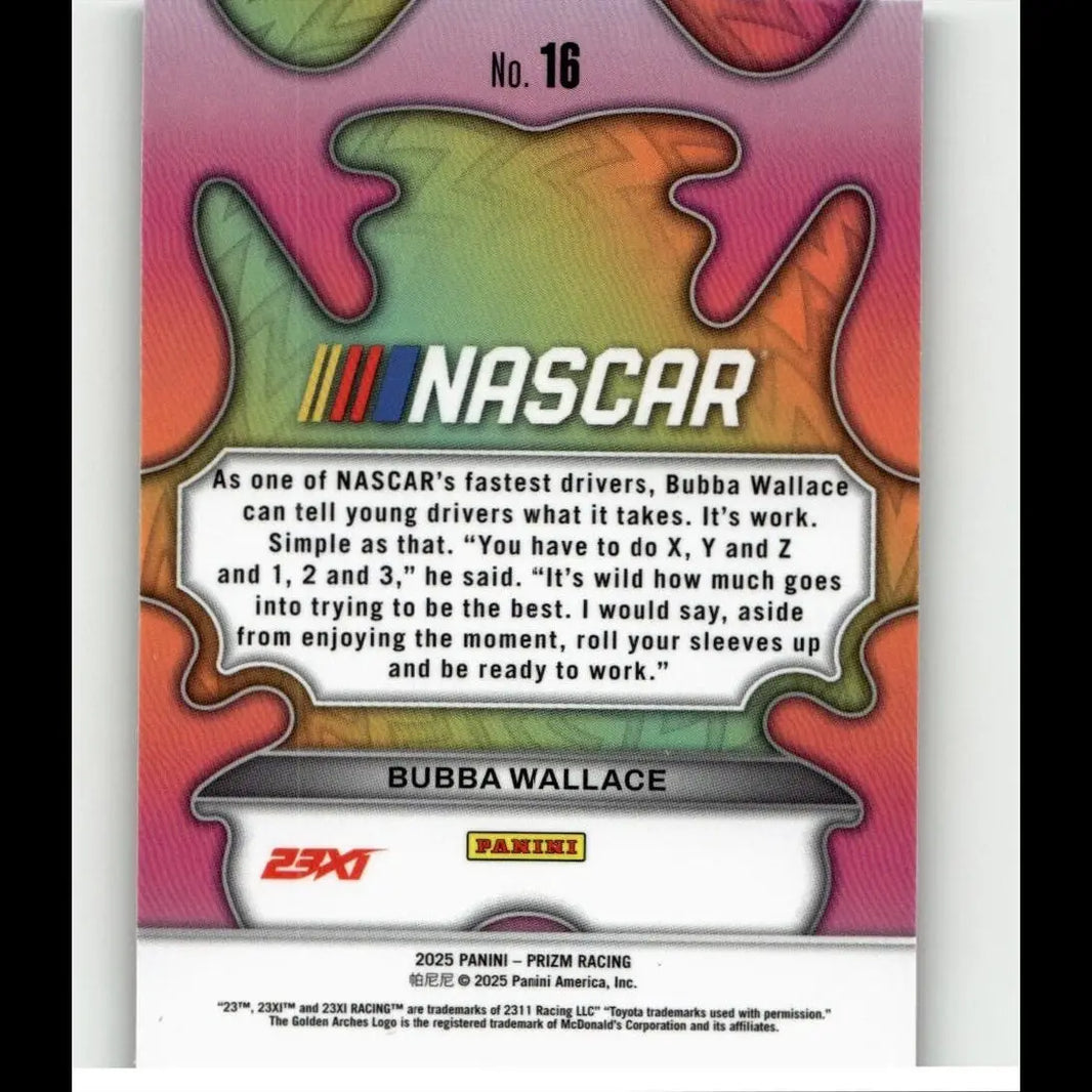 Nascar trading card featuring bubba wallace from 2025 panini prizm groovy with vibrant iridescent rainbow background and nascar logo