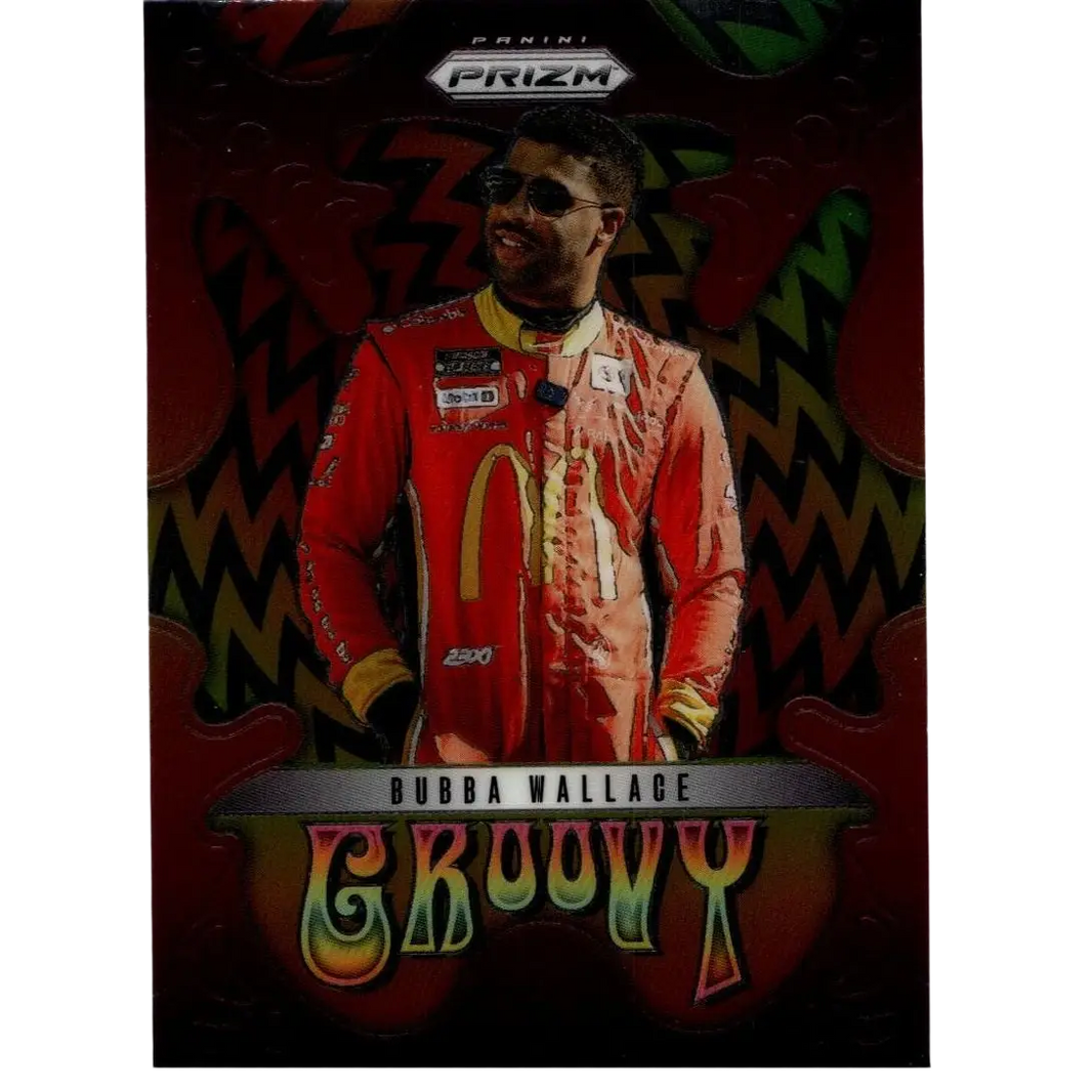 2025 Panini Prizm #16 Bubba Wallace Groovy trading card featuring red and gold racing suit with McDonalds logo