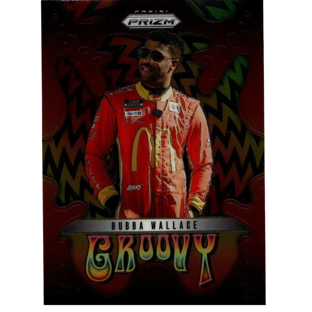 2025 Panini Prizm #16 Bubba Wallace Groovy trading card featuring red and gold racing suit with McDonalds logo