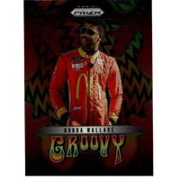 2025 Panini Prizm #16 Bubba Wallace Groovy trading card featuring red and gold racing suit with McDonalds logo