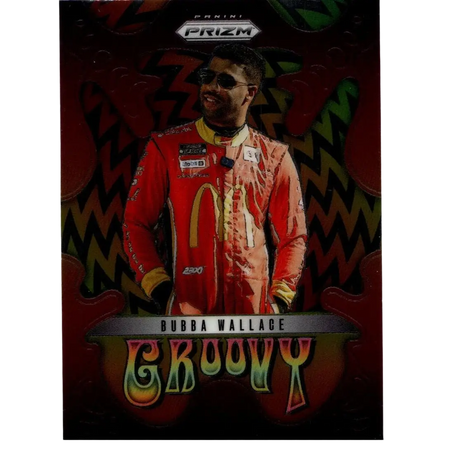 2025 Panini Prizm #16 Bubba Wallace Groovy trading card featuring red and gold racing suit with McDonalds logo