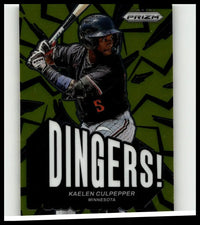A black baseball player kaelen culpepper in uniform swinging bat featured on 2025 panini prizm kaelen culpepper dingers card