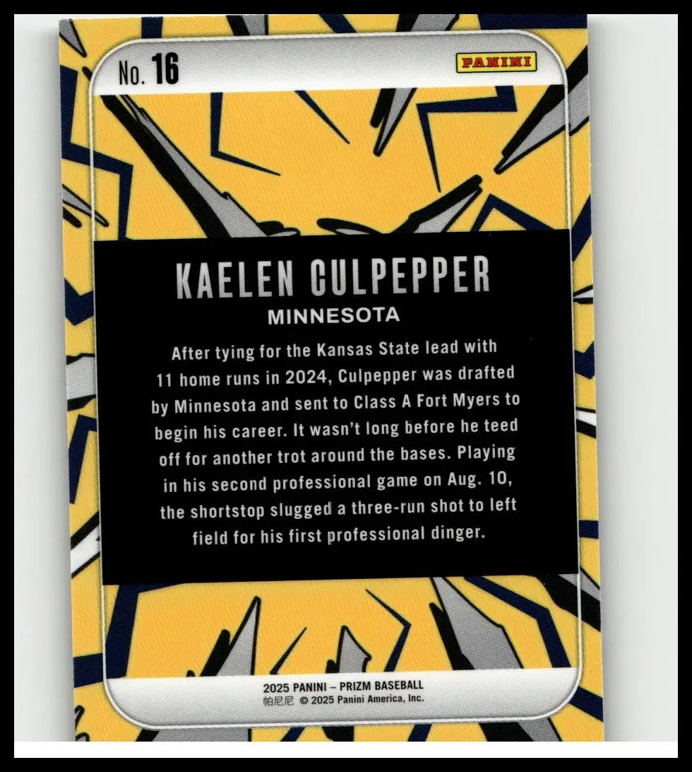 Yellow and black 2025 panini prizm baseball card featuring kaelen culpepper dingers from minnesota #16