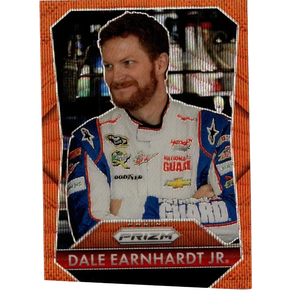 Orange-bordered panini prizm trading card featuring dale earnhardt jr earnhardt jr orange wave numbered 125 of 2025