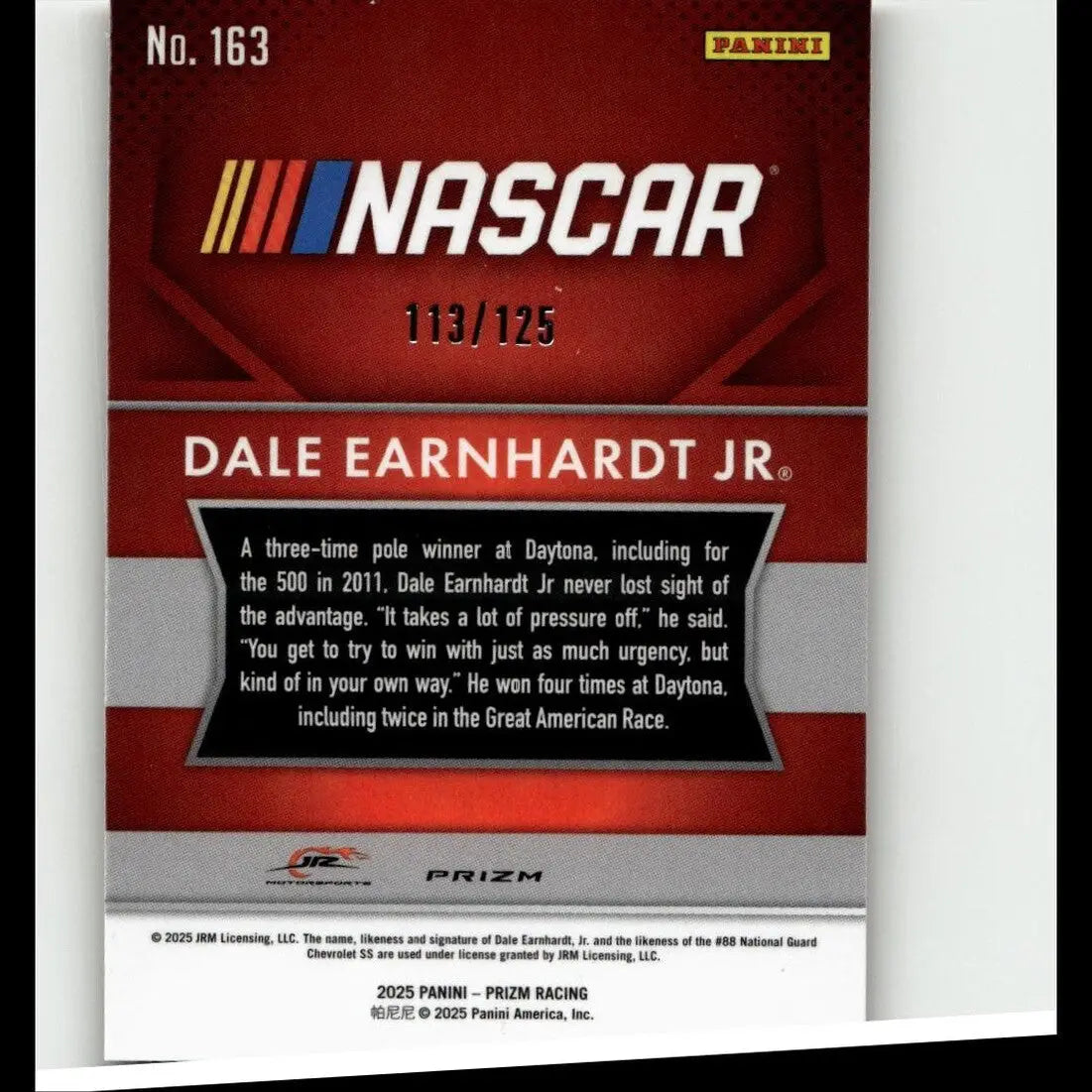 Red and silver nascar trading card featuring dale earnhardt jr orange wave from 2025 panini prizm numbered 125