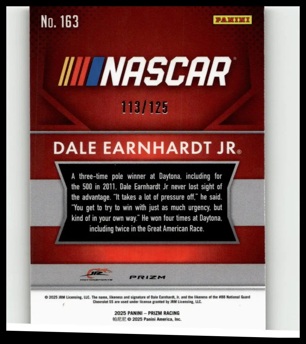 Red nascar trading card featuring dale earnhardt jr orange wave from 2025 panini prizm numbered 163 of 125