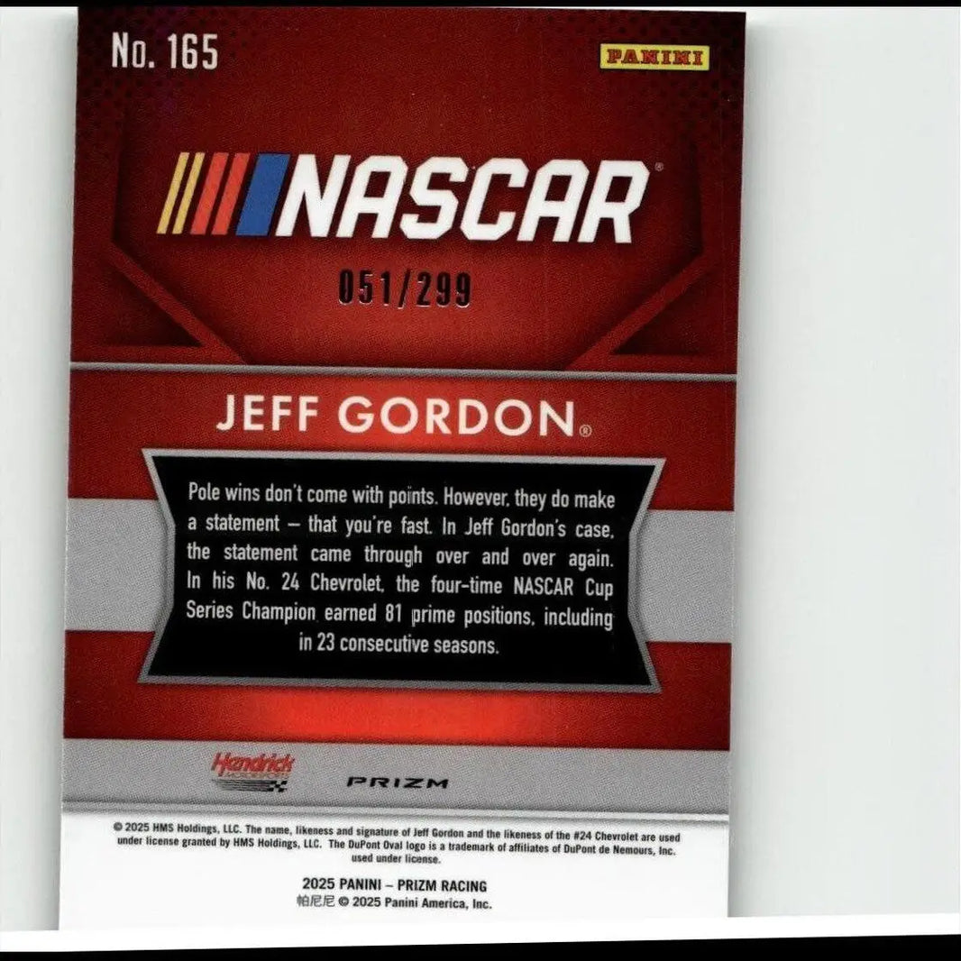 Red and silver 2025 panini prizm #165 jeff gordon pulsar nascar trading card numbered 051 of 299