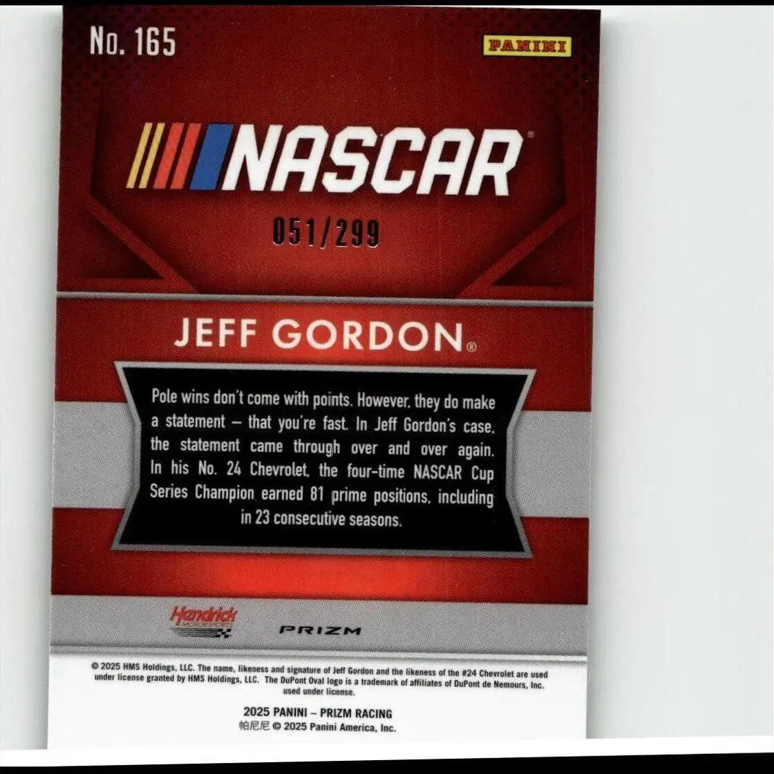 Red and silver 2025 panini prizm #165 jeff gordon pulsar nascar trading card numbered 051 of 299