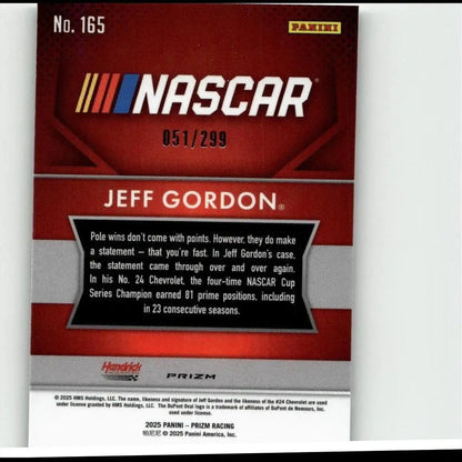 Red and silver 2025 panini prizm #165 jeff gordon pulsar nascar trading card numbered 051 of 299