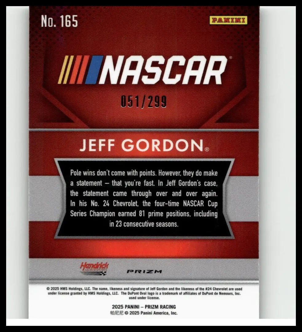 Red and silver nascar trading card featuring jeff gordon pulsar numbered 051 of 299 from 2025 panini prizm series
