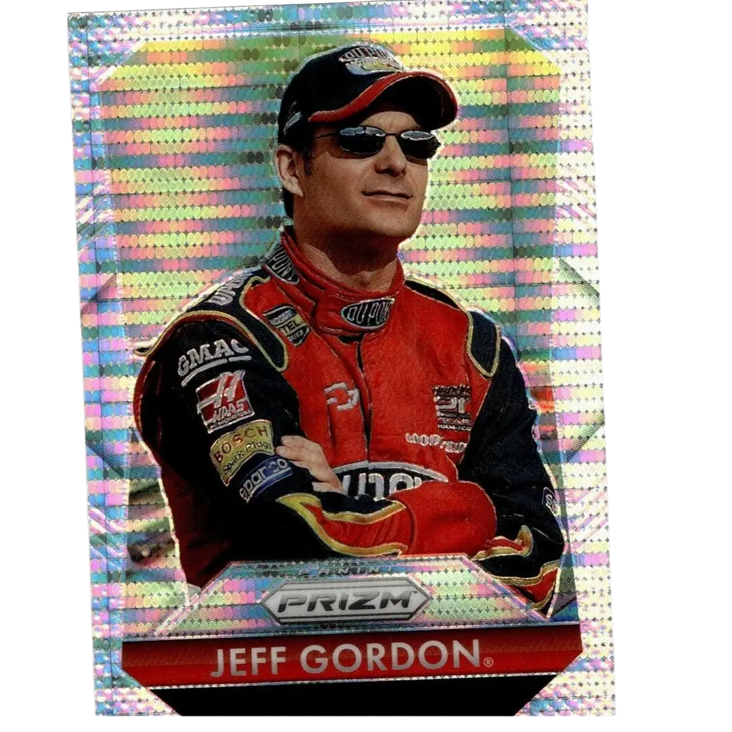 A vibrant red and black 2025 panini prizm jeff gordon pulsar nascar trading card with holographic background