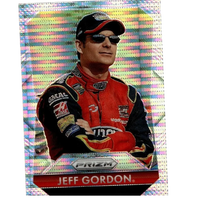 A vibrant red and black 2025 panini prizm jeff gordon pulsar nascar trading card with holographic background