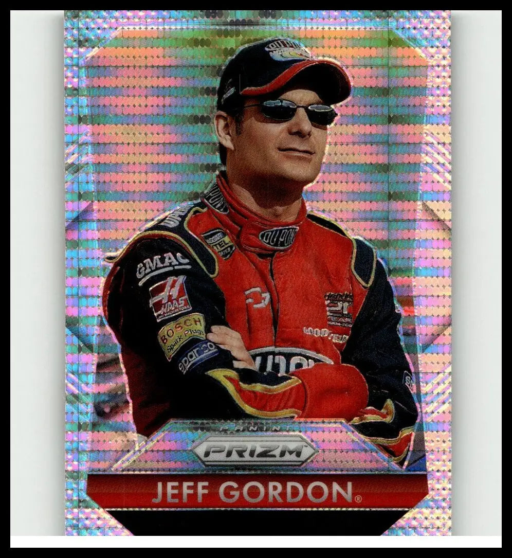 2025 panini prizm #165 jeff gordon pulsar trading card featuring vibrant red and black nascar racing suit with sponsor logos