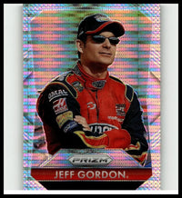2025 panini prizm #165 jeff gordon pulsar trading card featuring vibrant red and black nascar racing suit with sponsor logos