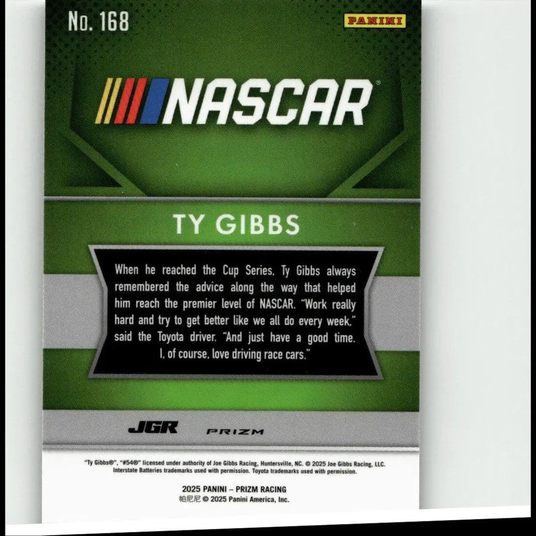 Green panini prizm nascar trading card featuring ty gibbs silver with black text box and silver accents for action figures